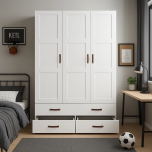 Armoire bois massif blanc-3-portes avec tiroirs