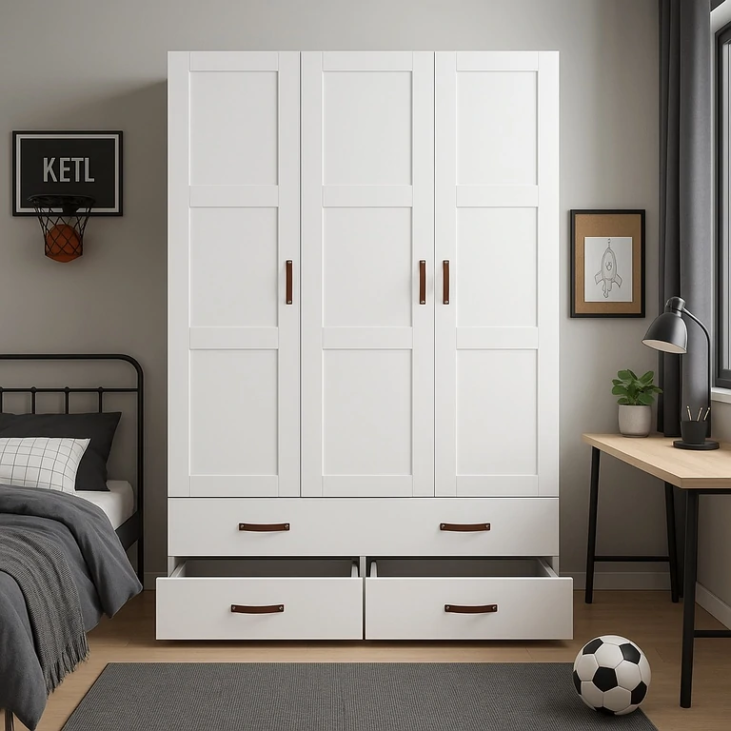 Armoire bois massif blanc-3-portes avec tiroirs